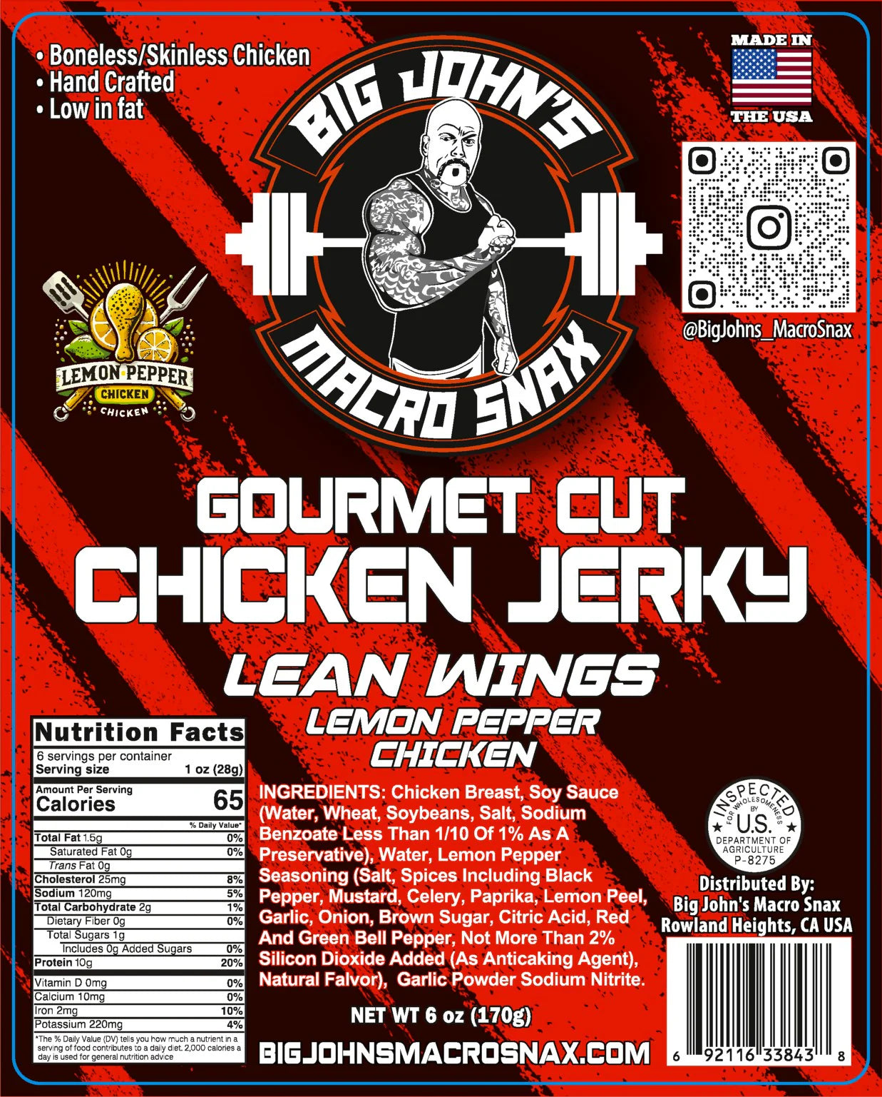 "Lean Wings" Lemon Pepper Chicken Jerky - (6oz) Premium Jerky High Protein Snack