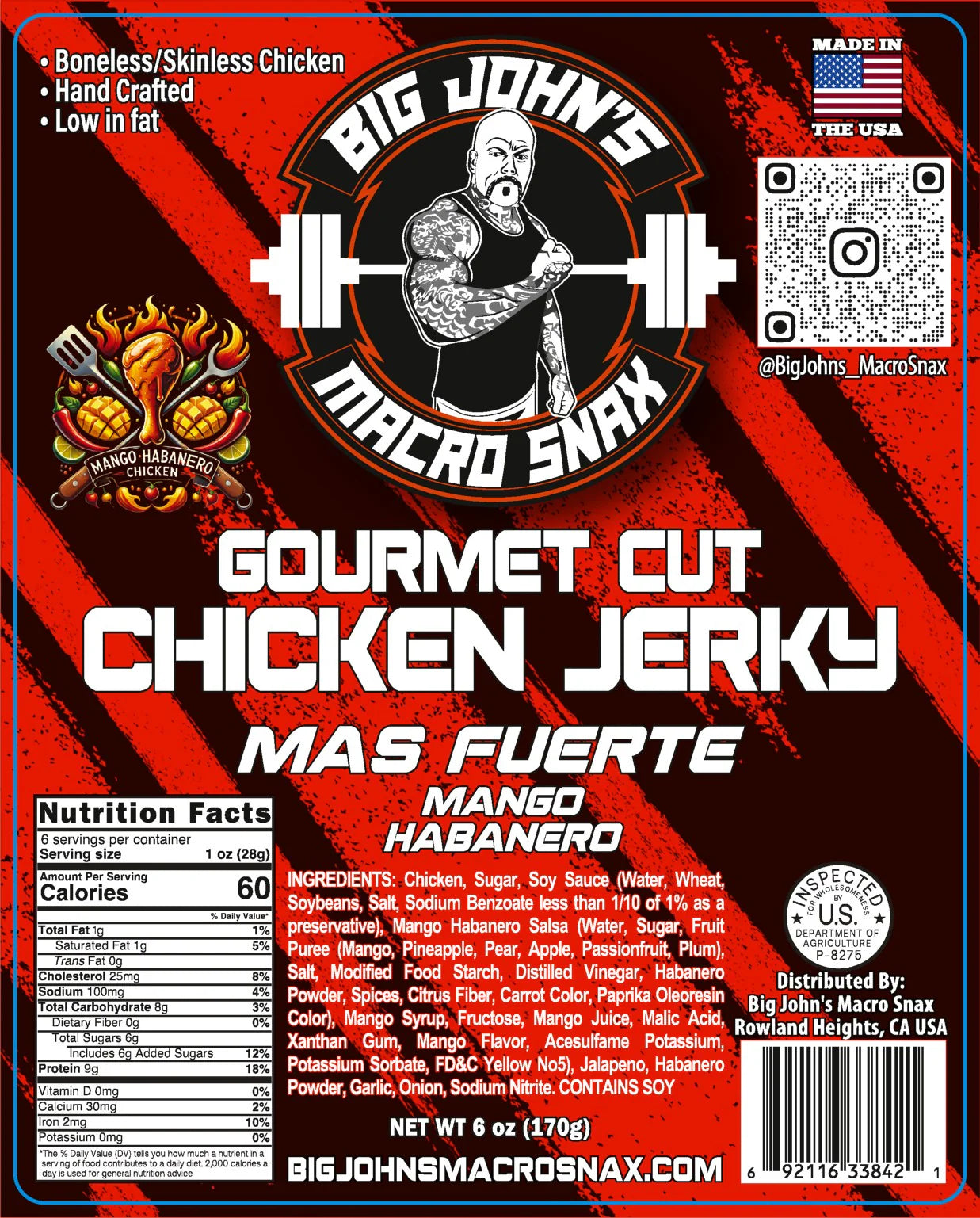"Mas Fuerte" - Mango Habanero Flavored Chicken Jerky (6oz) High Protein Premium Snack