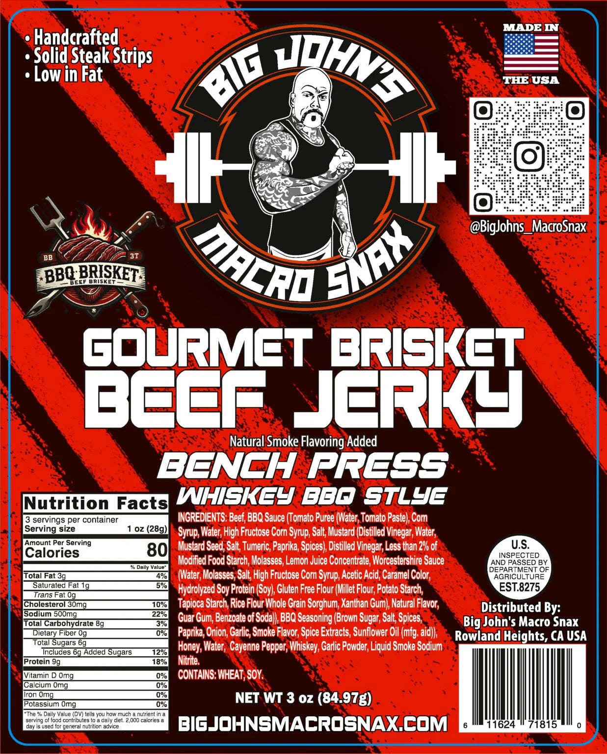 "Bench Press" Beef Jerky - Whiskey BBQ Brisket, (3oz) High-Protein Snack