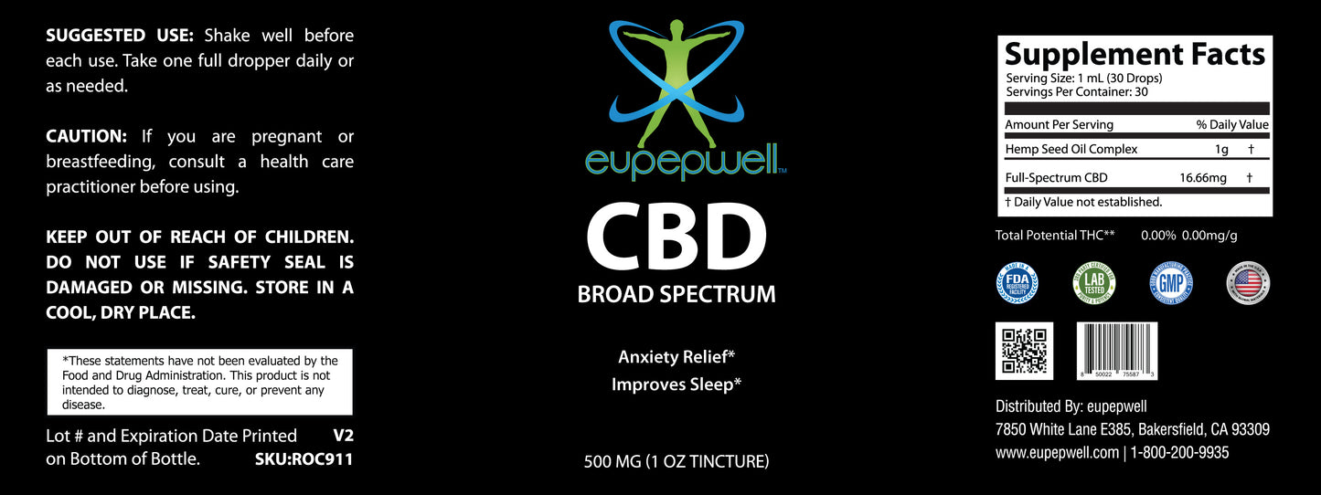 CBD Broad Spectrum (in Hemp Oil) – 500mg (1oz Tincture)